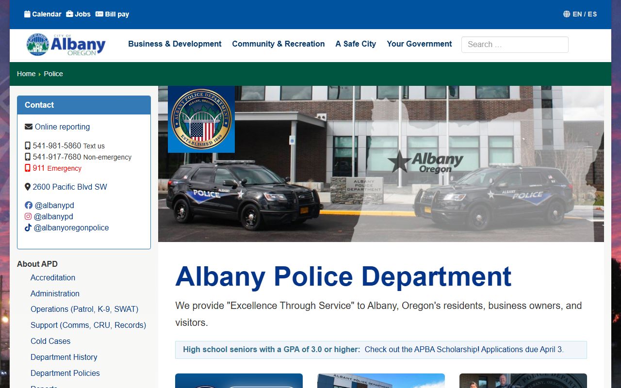 Albany Police main website with links to recent bookings resources
