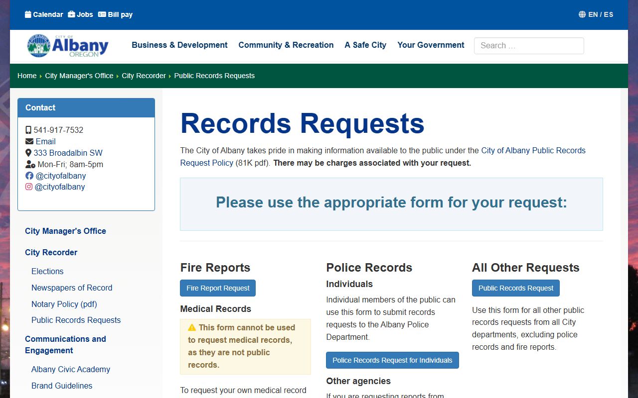 Albany public records request page for recent bookings