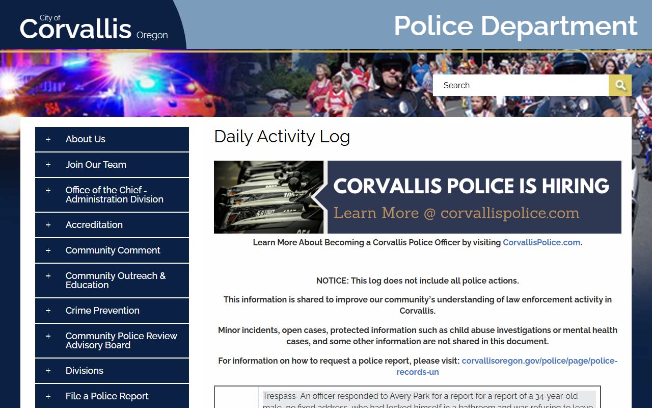 Corvallis Daily Activity Log showing recent bookings activity
