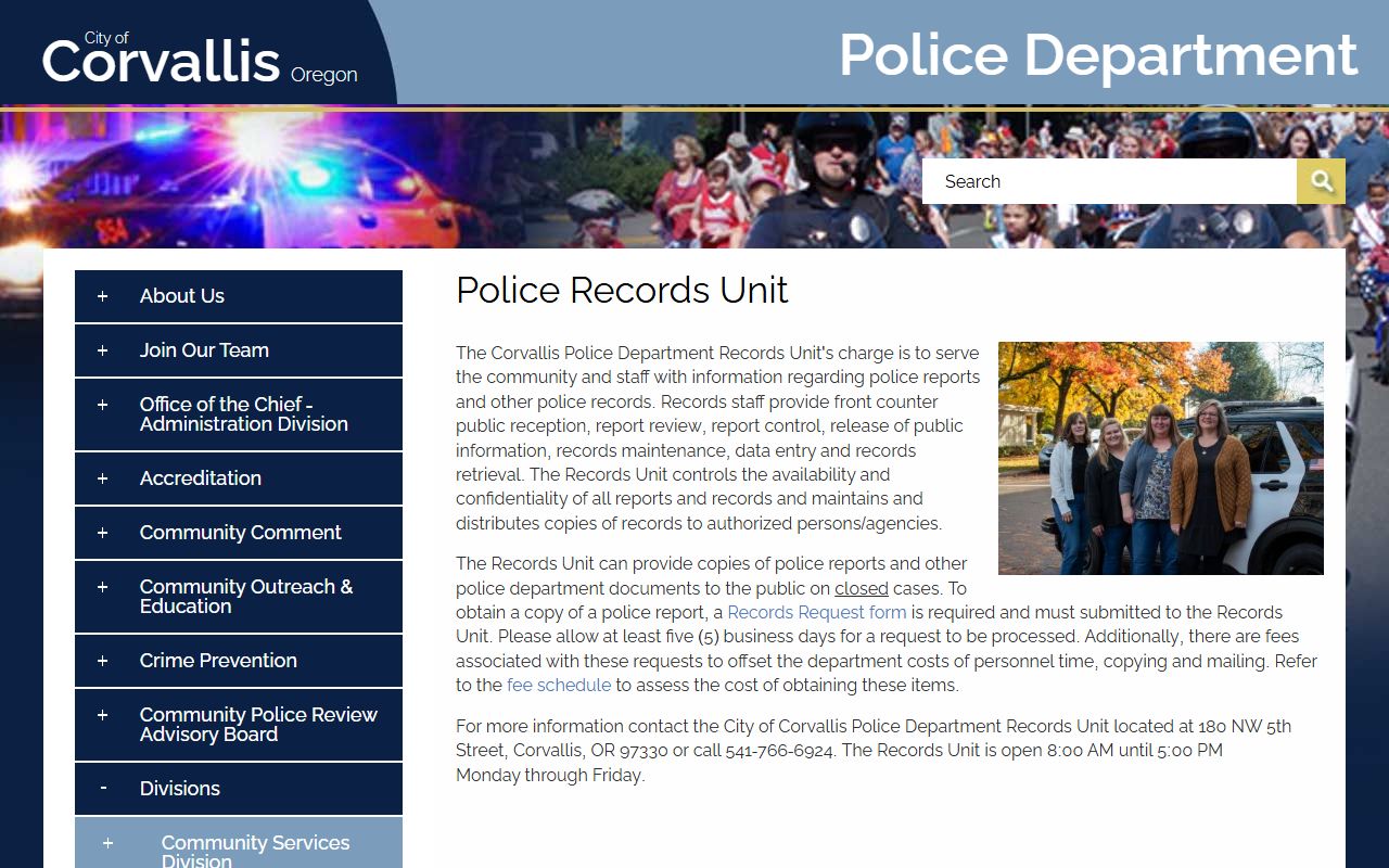 Corvallis Police Records Unit page for requesting recent bookings