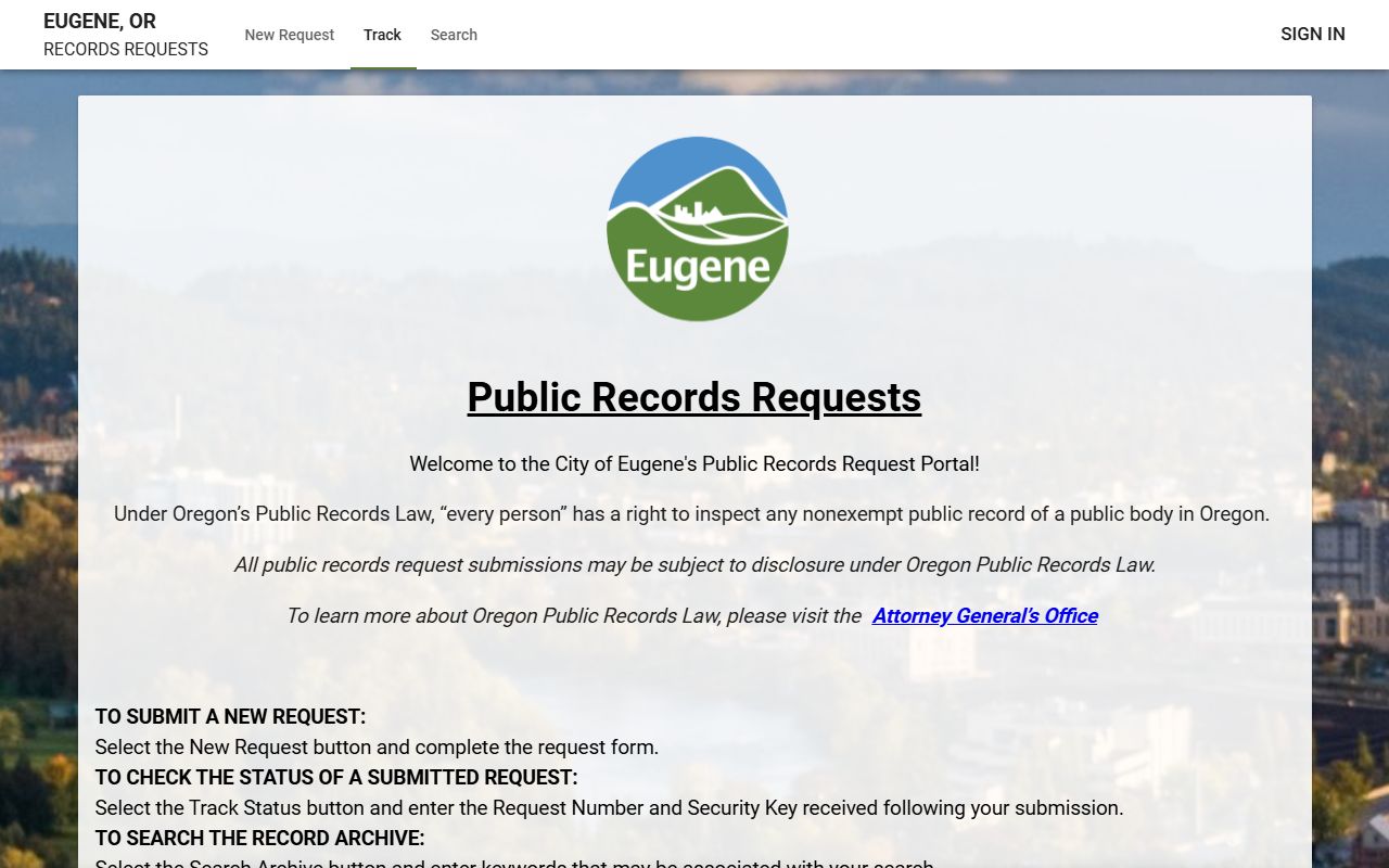 Eugene JustFOIA Public Records Portal for requesting recent bookings