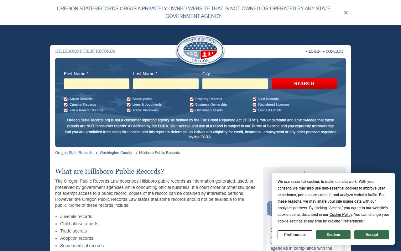 Hillsboro Police Department state records portal for recent bookings search