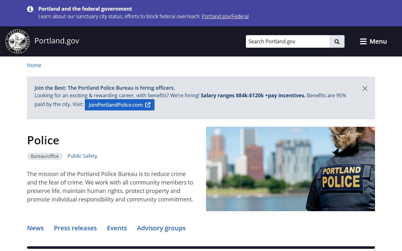 Portland Police Bureau main website for recent bookings information