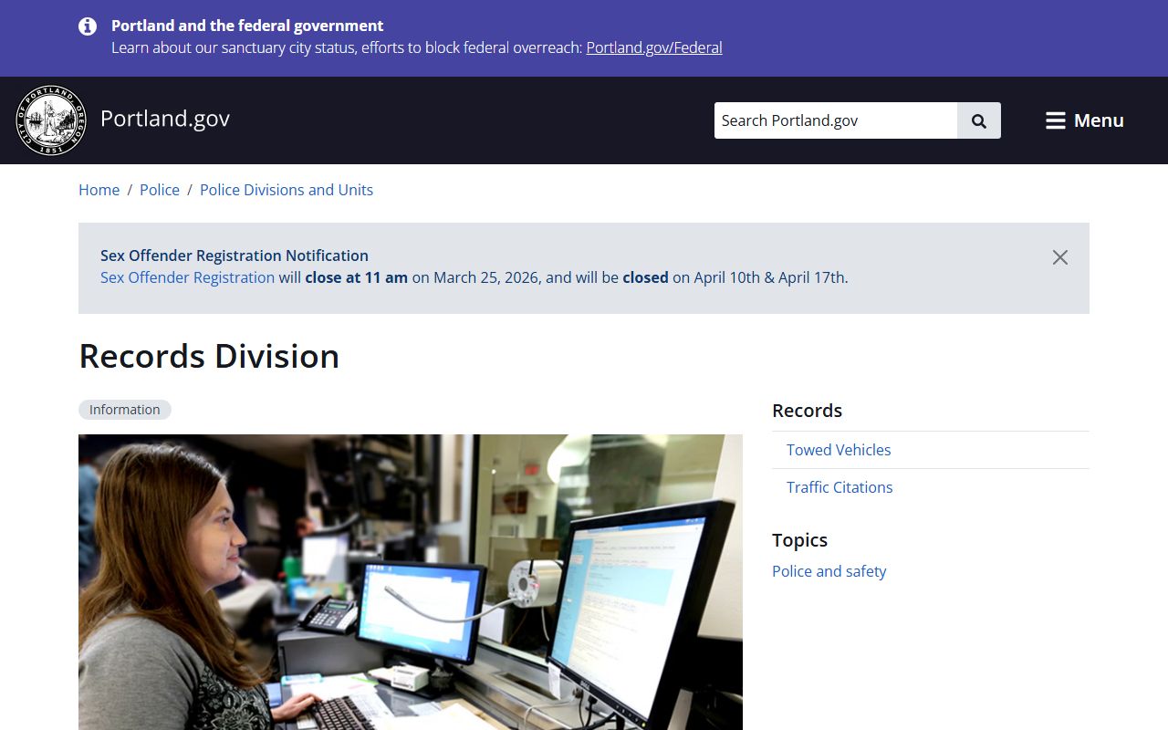 Portland Police Bureau Records Division page for requesting recent bookings