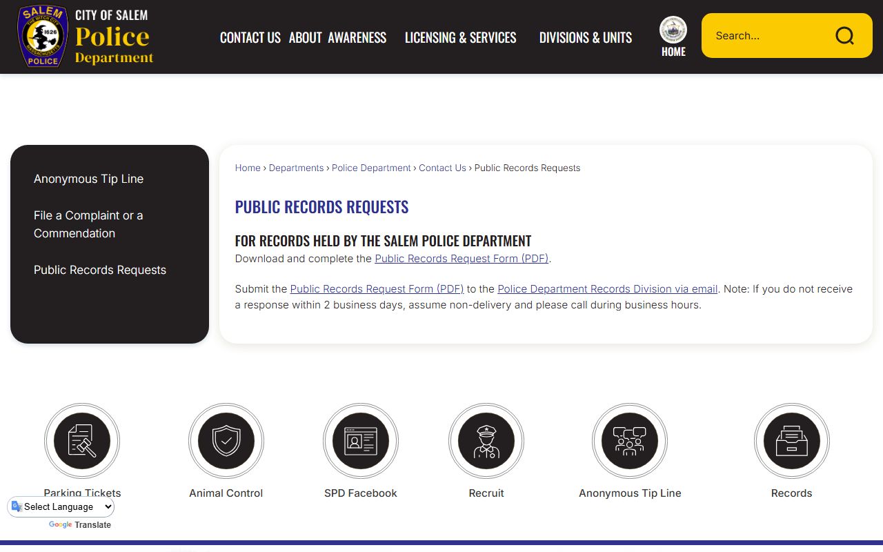 Salem public records requests page for booking and arrest records