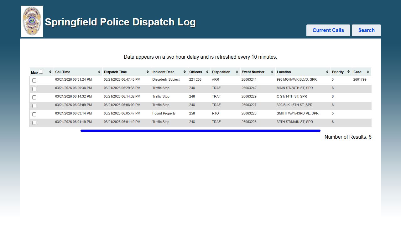 Springfield SPD Dispatch Log showing recent bookings activity
