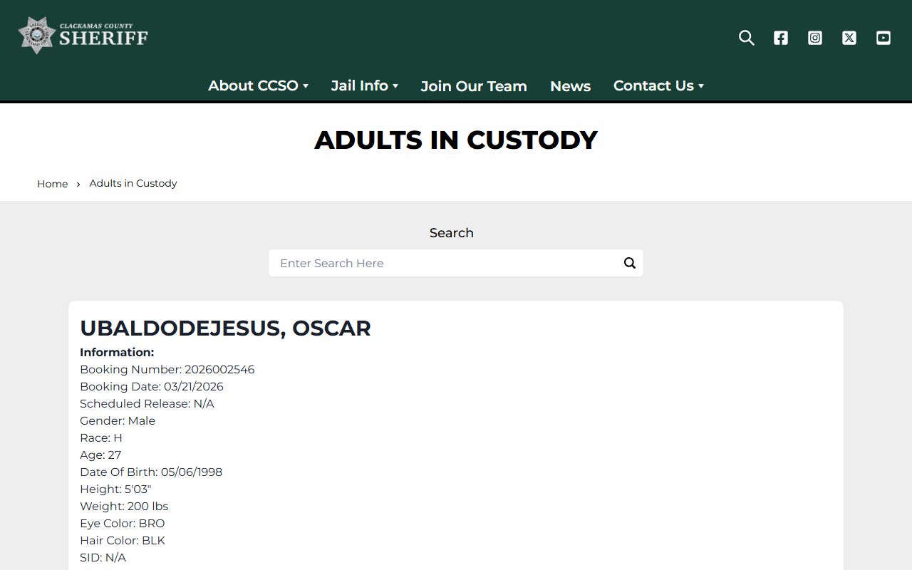 Clackamas County Adults in Custody roster showing recent bookings