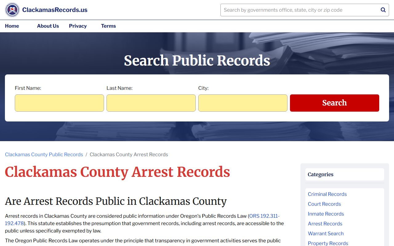 Clackamas County arrest records search page