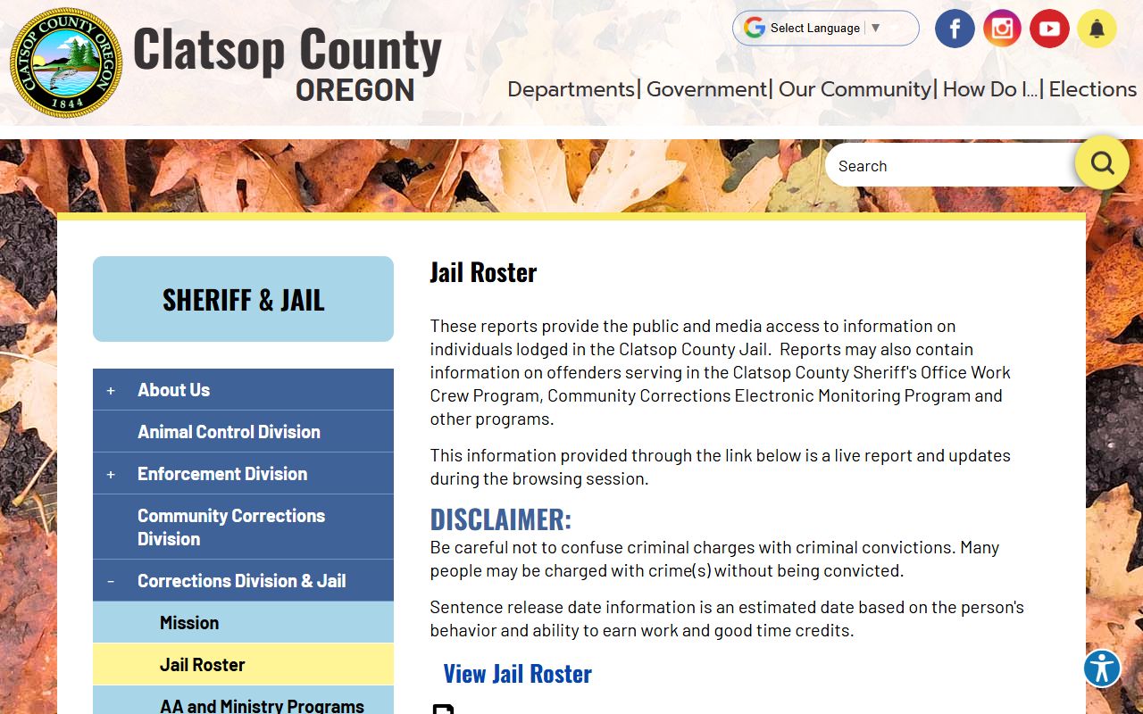 Clatsop County Sheriff jail page for booking information