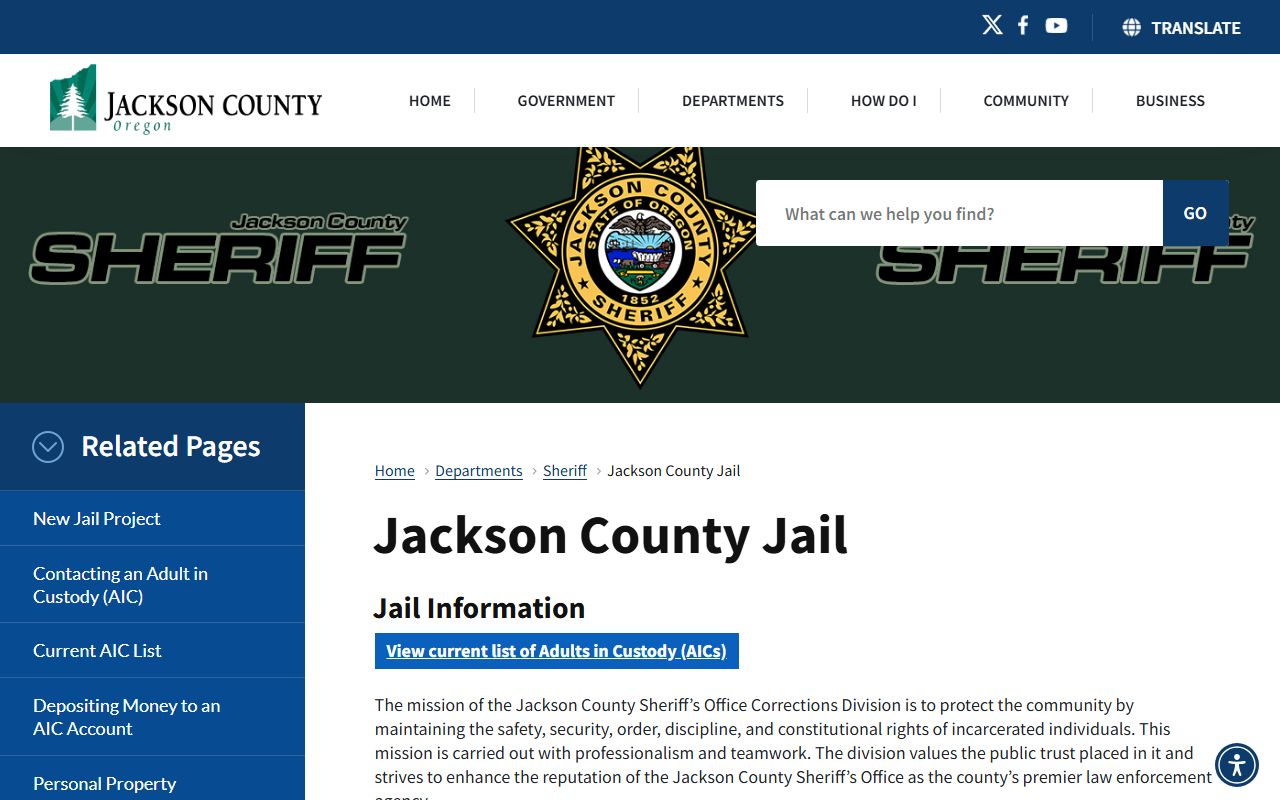 Jackson County Jail official page with facility information and booking details