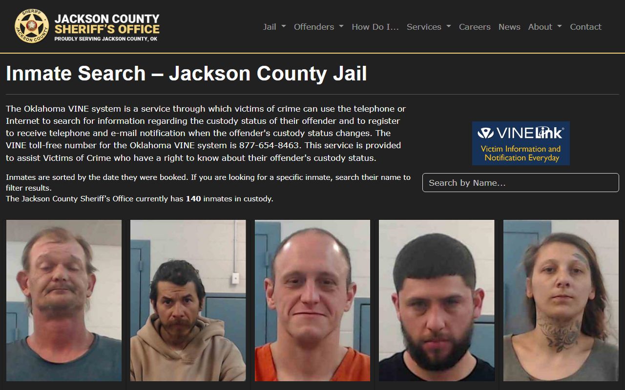 Jackson County Sheriff inmate search page for recent bookings updated hourly