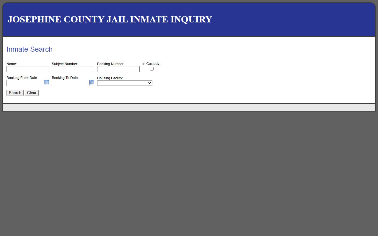 Josephine County Jail Inmate Inquiry search page for recent bookings