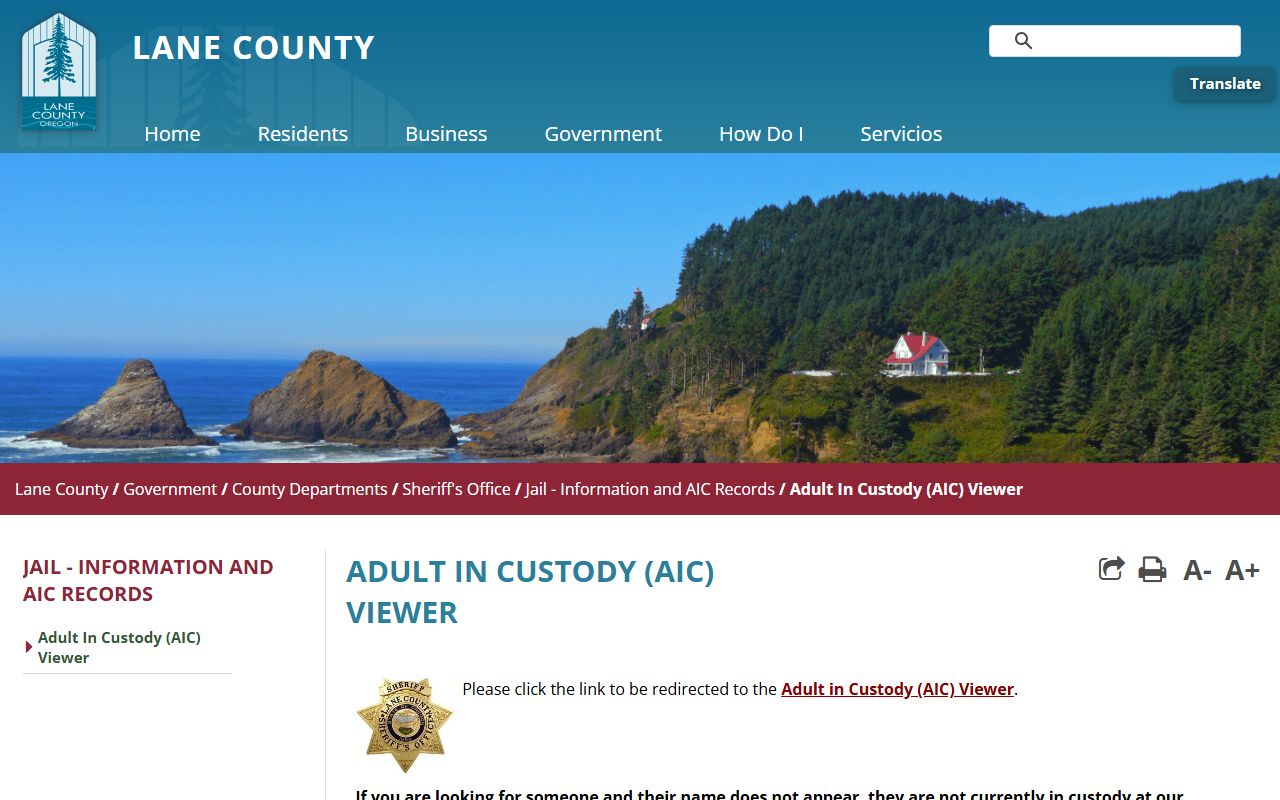 Lane County AIC Viewer for searching recent bookings and current inmates