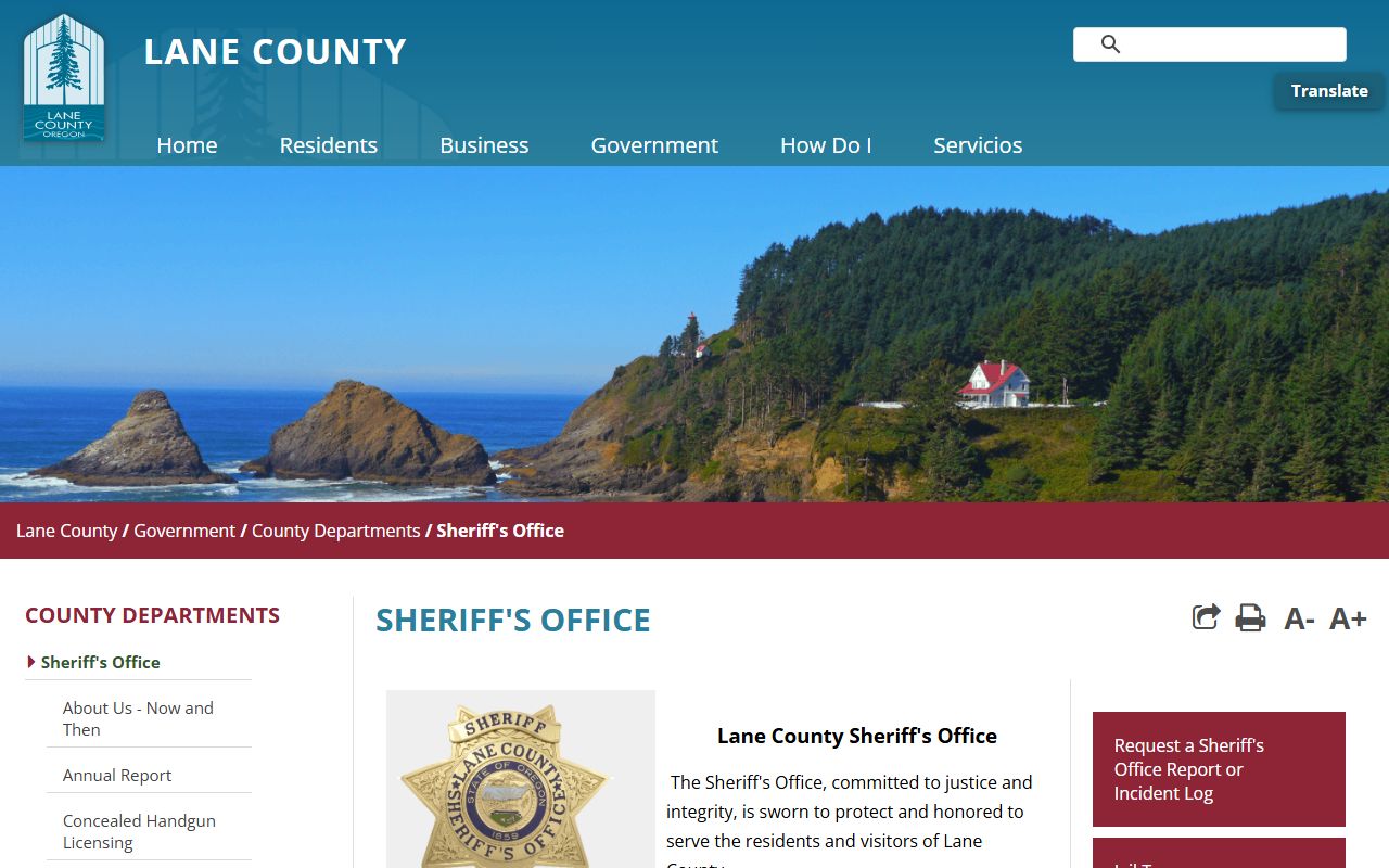 Lane County Sheriff website for jail information and recent bookings