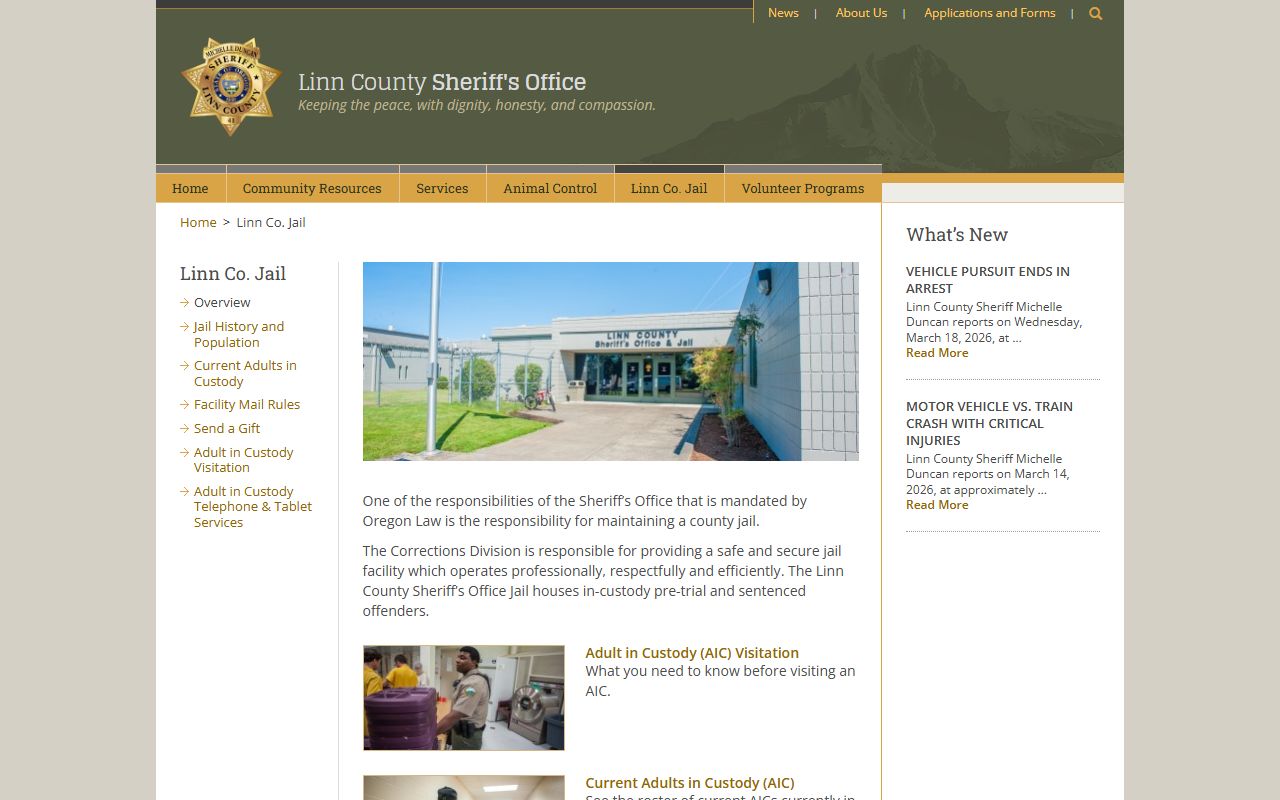 Linn County Jail overview page with booking and facility details