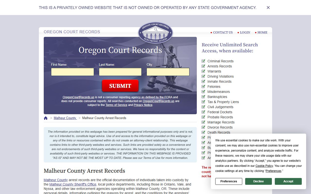 Malheur County arrest records search page for booking lookups