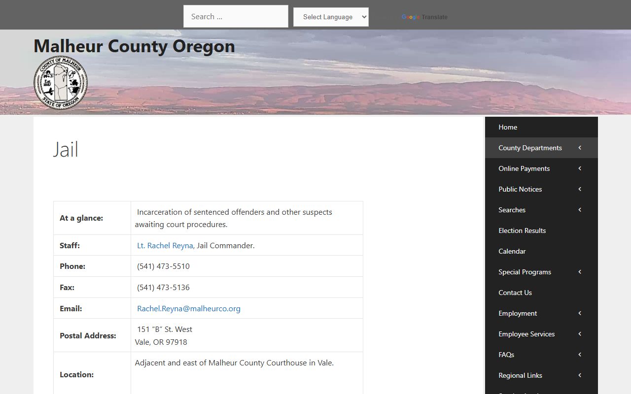 Malheur County government jail page with booking resources