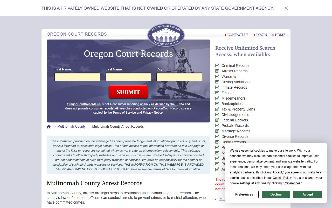 Multnomah County arrest records search page