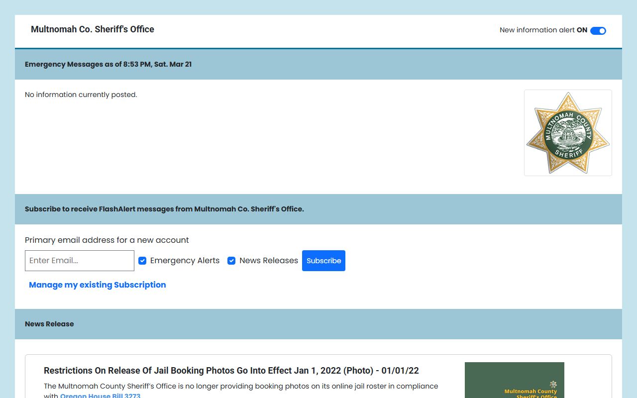Multnomah County Sheriff announcement about HB 3273 booking photo policy