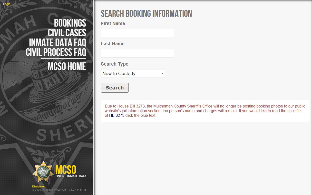 Multnomah County PAID system for searching recent bookings and inmate data