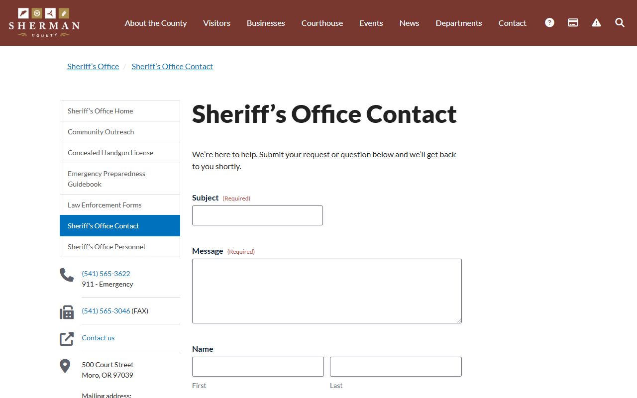 Sherman County Sheriff contact page for booking and record inquiries in Sherman County