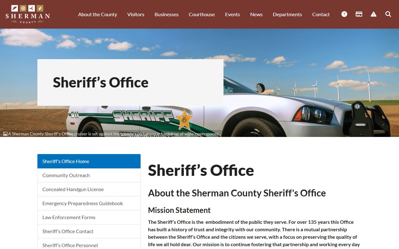 Sherman County Sheriff's Office website showing booking and arrest information for Sherman County