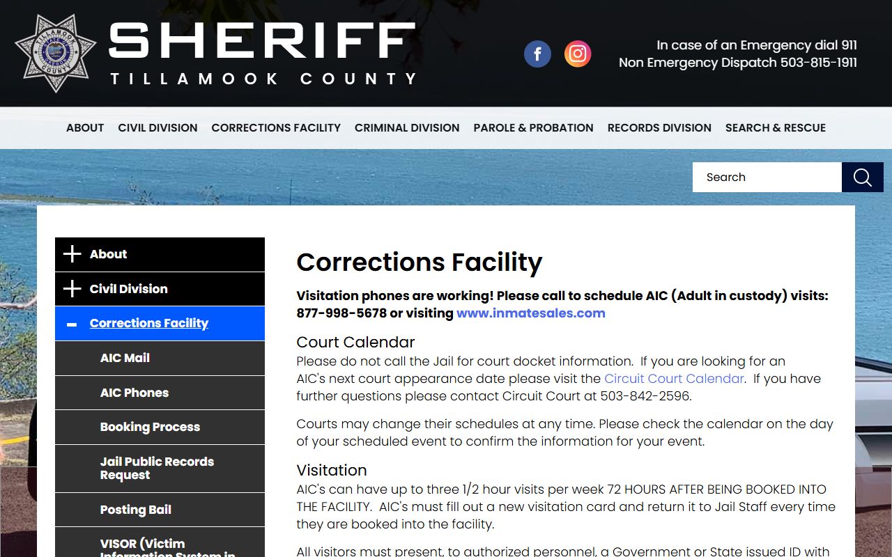 Tillamook County corrections facility page with booking and jail information