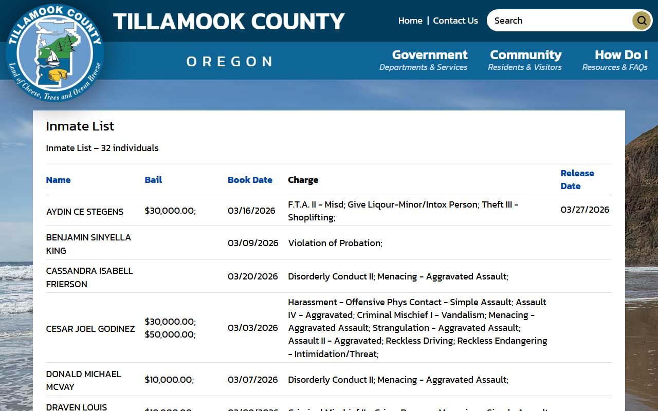 Tillamook County inmate list showing recent bookings with names, charges, and bail amounts
