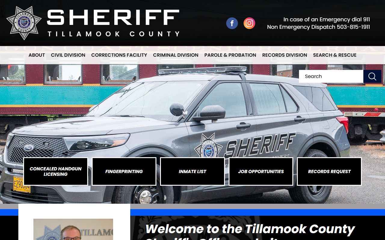 Tillamook County Sheriff's Office website with links to booking records and jail information