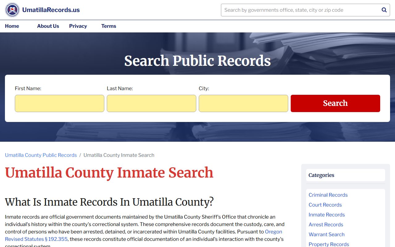 Umatilla County inmate search page for recent bookings and jail records