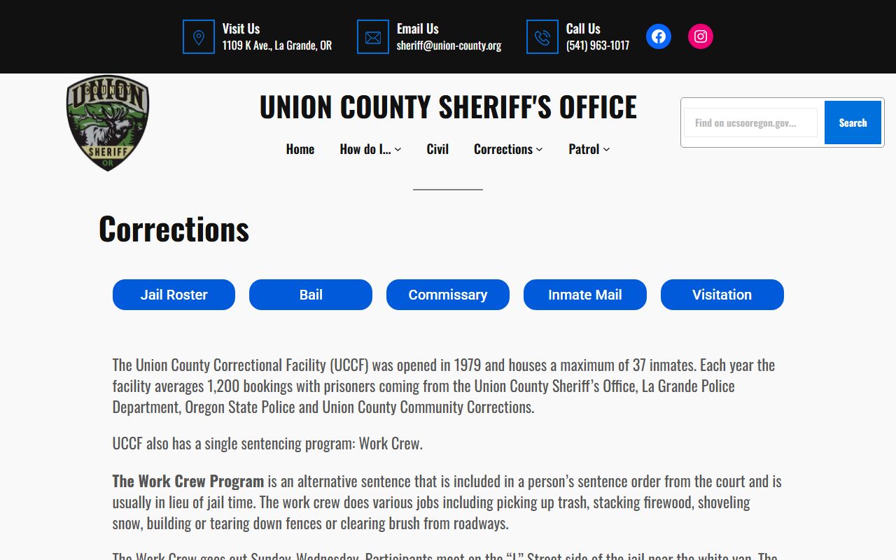 Union County corrections division website with booking and inmate information