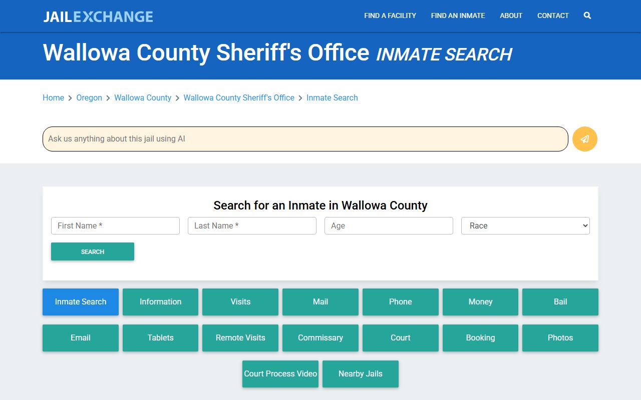 Wallowa County inmate search page for booking records and custody lookup