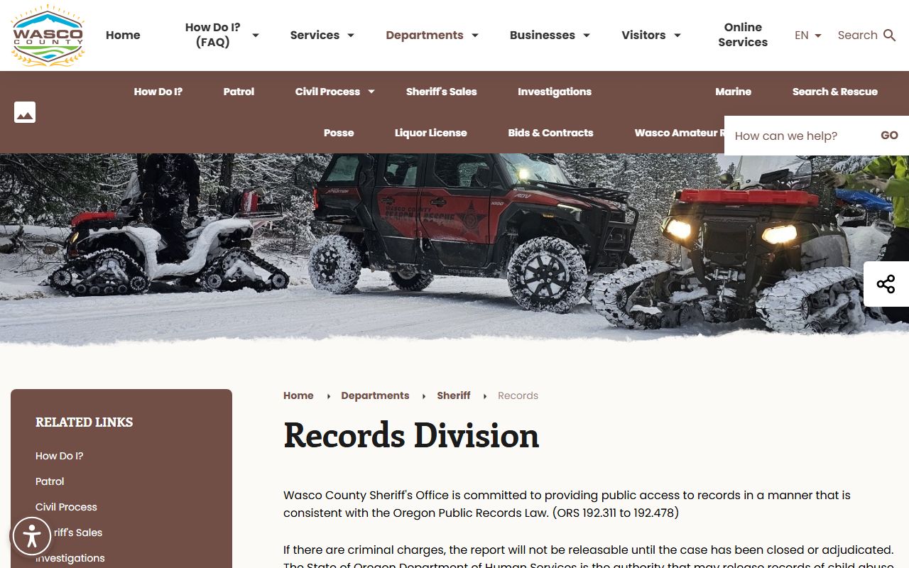 Wasco County Records Division page for booking records and public records requests