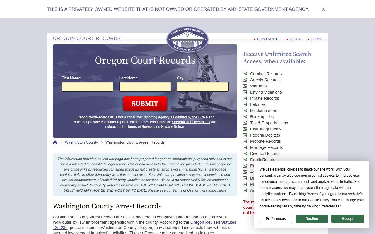 Washington County arrest records search tool for recent bookings