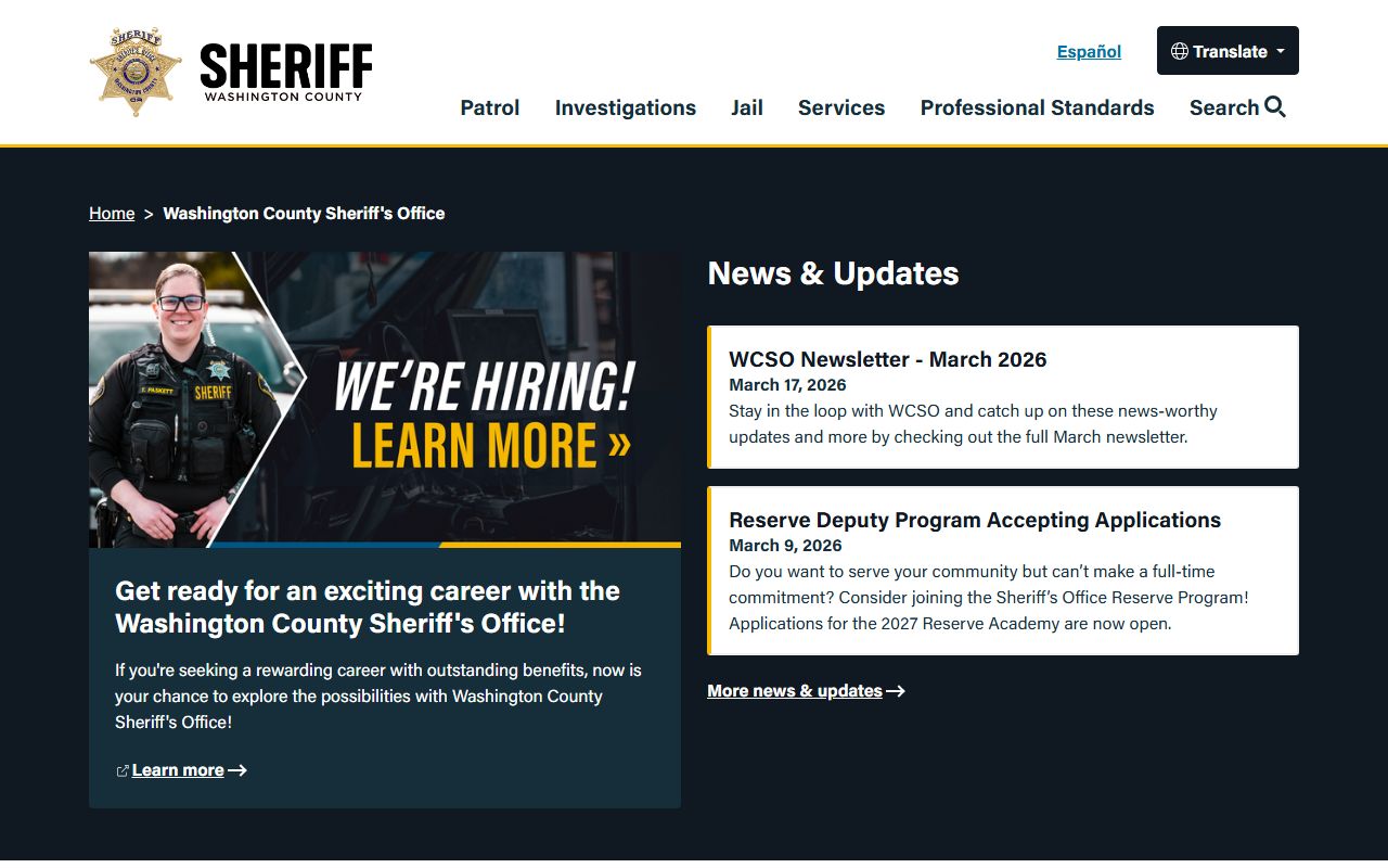Washington County Sheriff's Office website for booking records and jail information