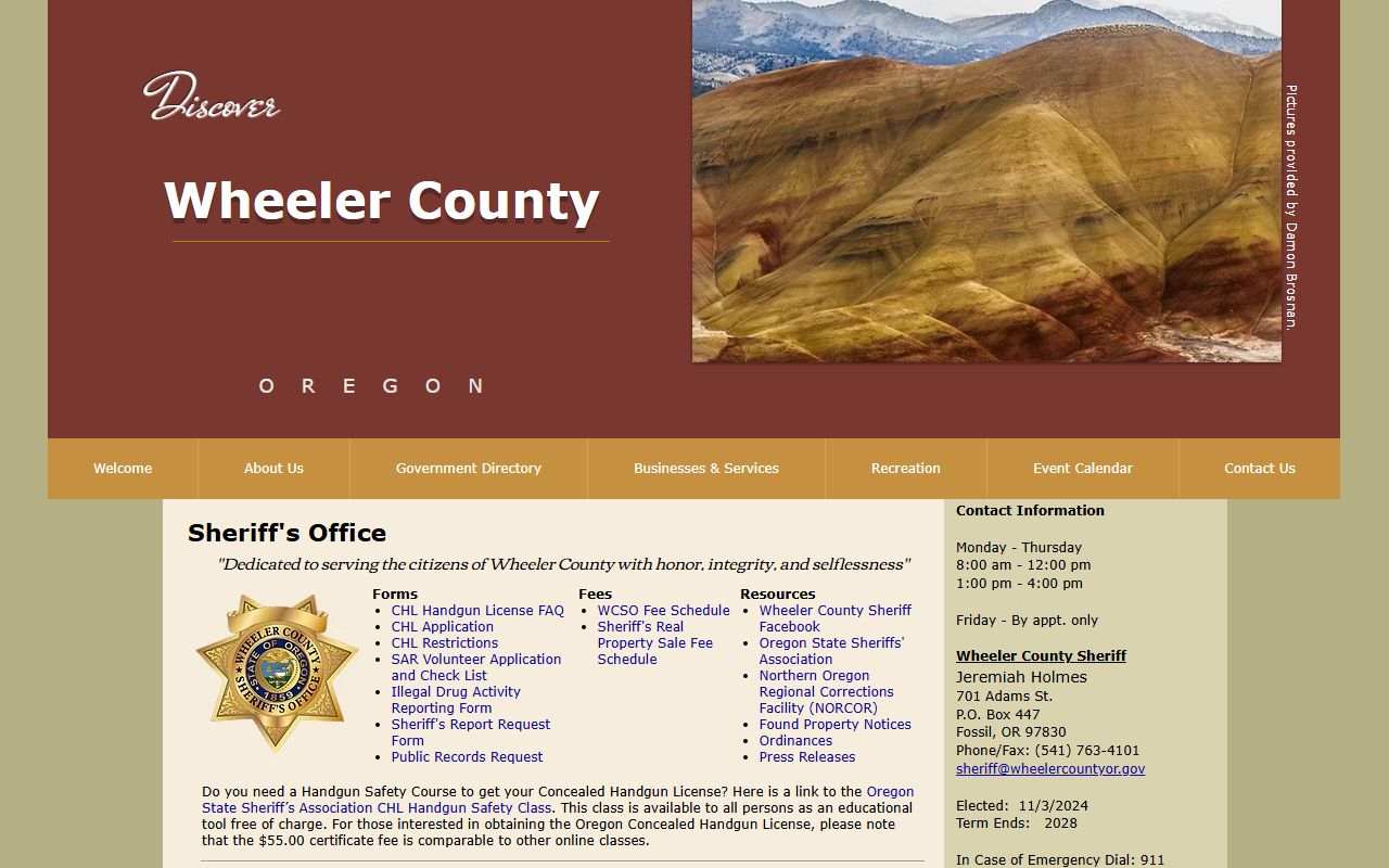 Wheeler County Sheriff's Office website for booking records and public safety