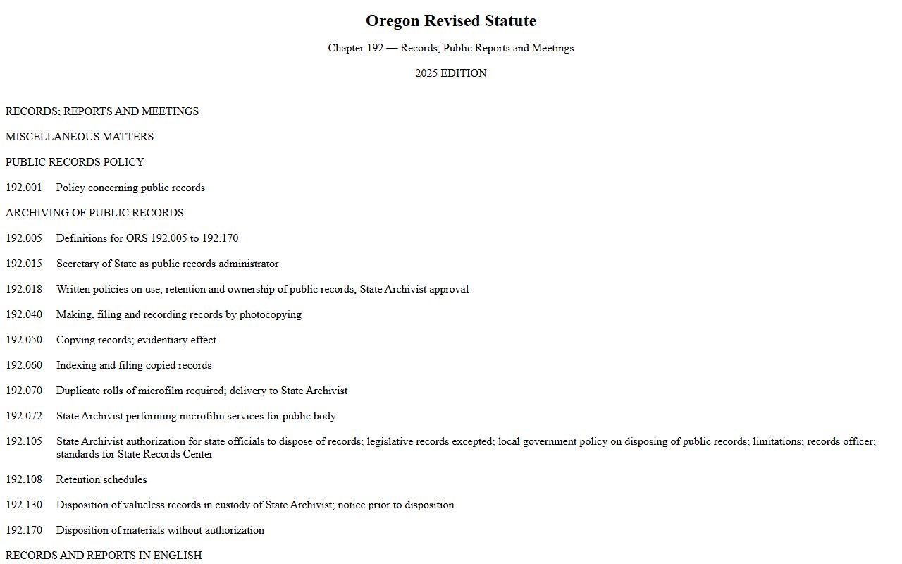 ORS Chapter 192 public records law for Oregon recent bookings access